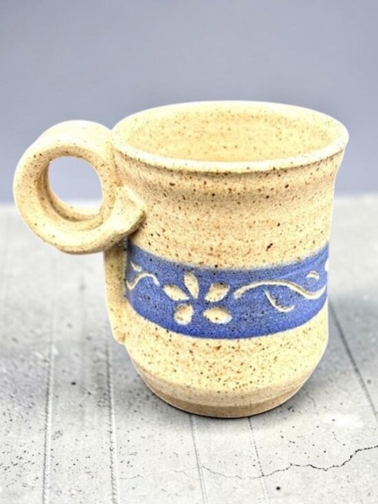 Signed Other - Signed Handmade Studio Pottery Mug Blue Floral Stoneware Artisan Coffee Cup 4"